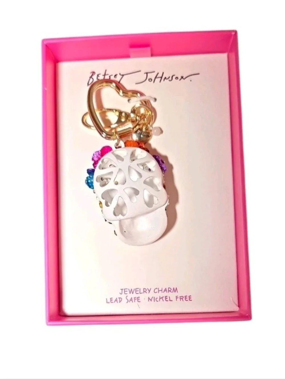 Betsey Johnson Halloween Jewel Encrusted Sugar Skull Keychain Bag Charm, NIB